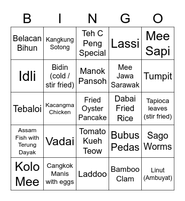 Sarawak Favourite Food Bingo Card