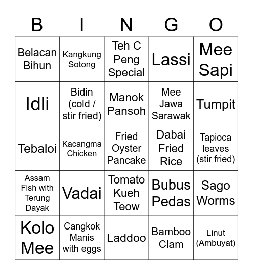 Sarawak Favourite Food Bingo Card