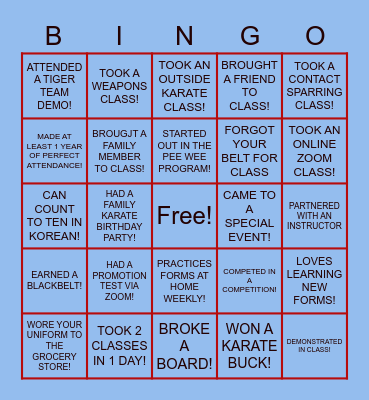 FAMILY KARATE BINGO! Bingo Card