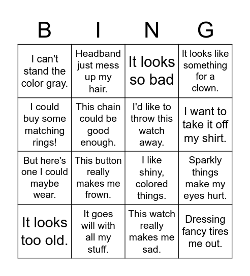 Dress-up Stress Bingo Card