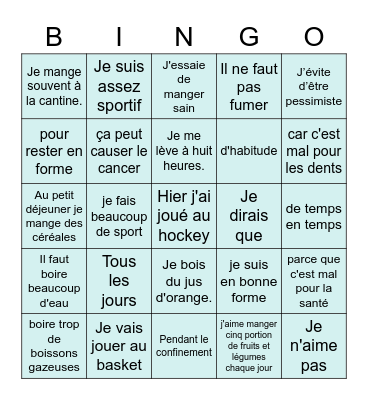 S3 French Healthy Living Bingo Card