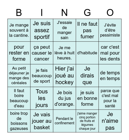 S3 French Healthy Living Bingo Card