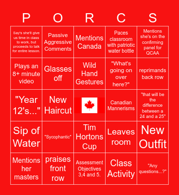 Porchak Bingo Card