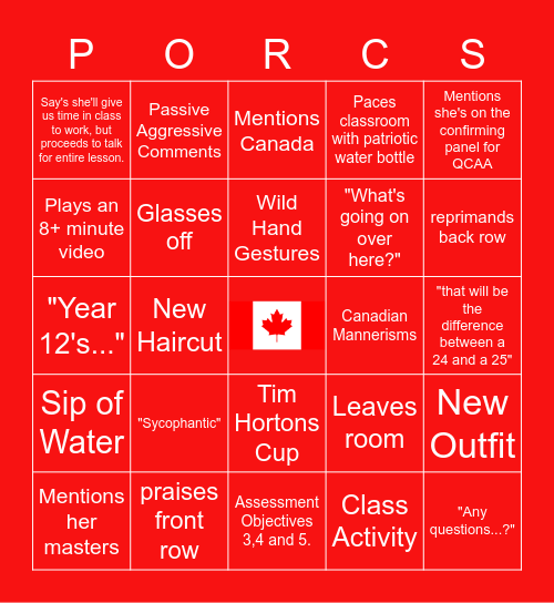 Porchak Bingo Card