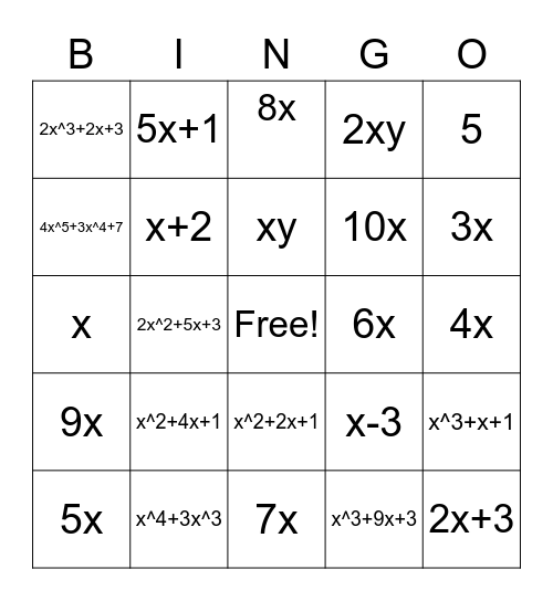 Classifying Polynomials Bingo Card