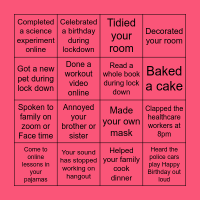 Lockdown & Online school Bingo Card 1 Bingo Card