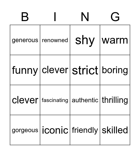 Vocabulary - Bingo Card