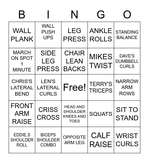 EXERCISE BINGO Card