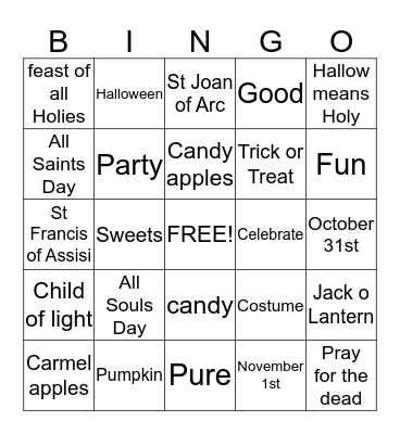 All Hallows Eve Bingo Card