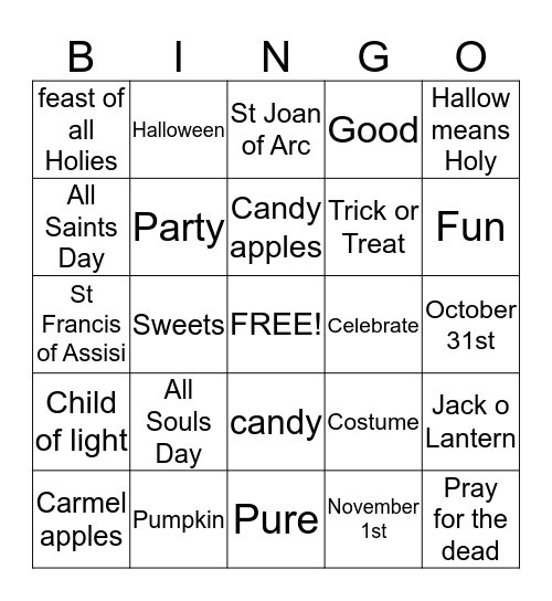 All Hallows Eve Bingo Card