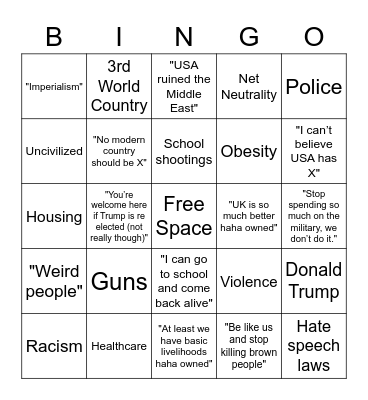 Smug Europeans "criticizing" America Bingo Card