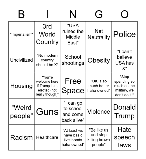 Smug Europeans "criticizing" America Bingo Card