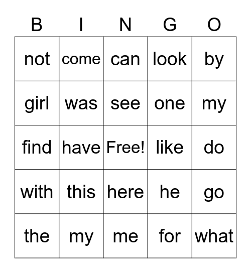 Sight Word Bingo Card