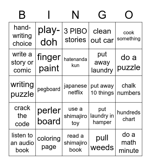 Summer Activities Bingo Card