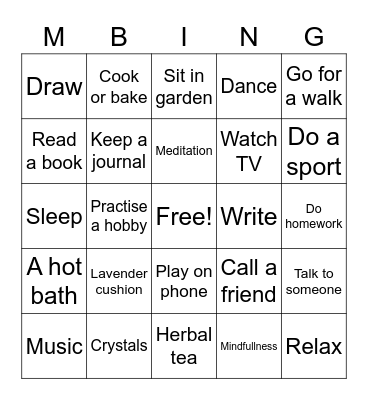 Mindfulness bingo Card