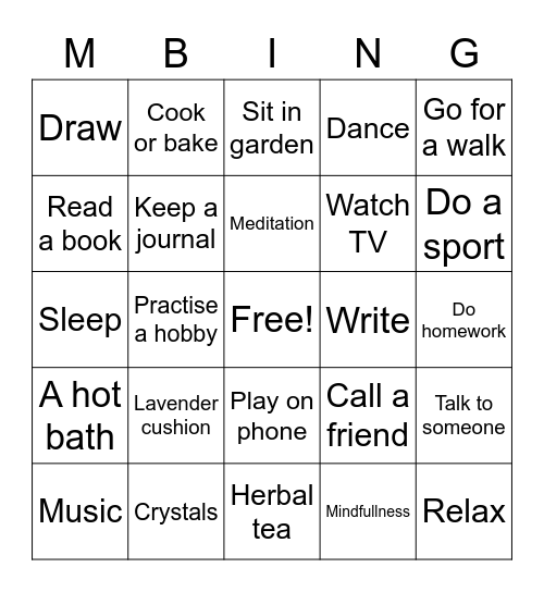 Mindfulness bingo Card