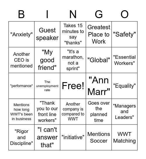 Corporate Update BINGO Card