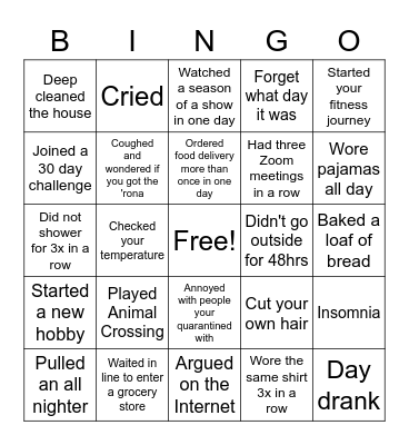 Quarantine Bingo Card