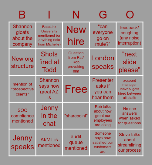 RateLinx All Staff Bingo Card