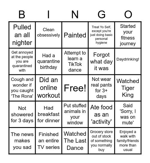 Quarantine Bingo Card