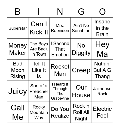 Name That Tune! Bingo Card