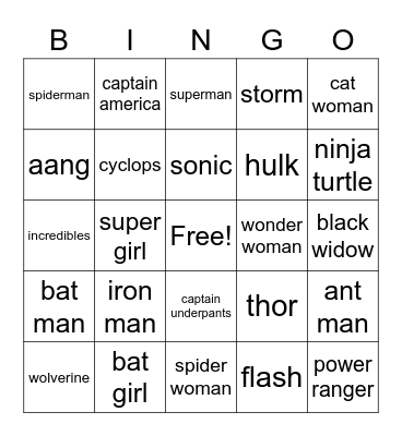 superhero Bingo Card