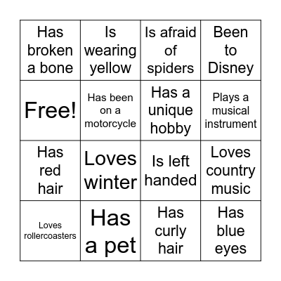 Getting To Know You Bingo Card