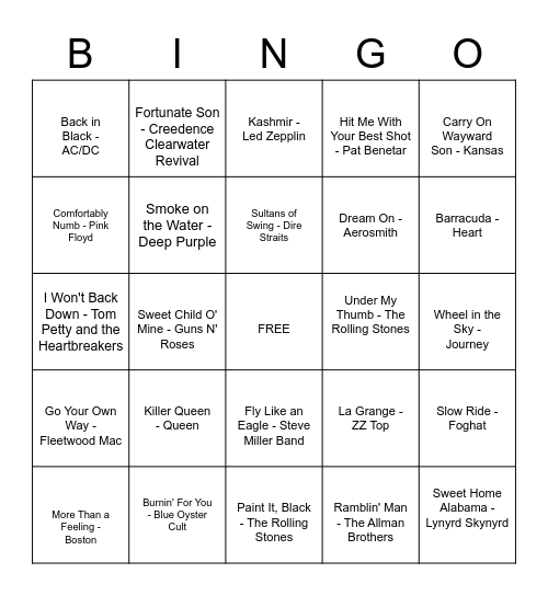 Classic Rock Bingo Card