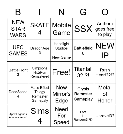 EA PLAY LIIIIIIIVE Bingo Card