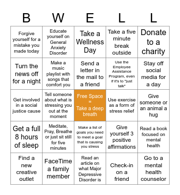 Mental Health Be Well Bingo Card