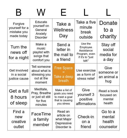 Mental Health Be Well Bingo Card