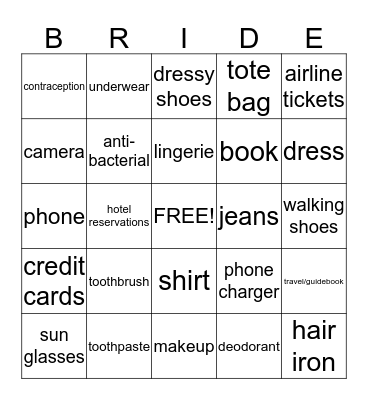 Honeymoon Bingo Card