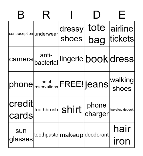 Honeymoon Bingo Card