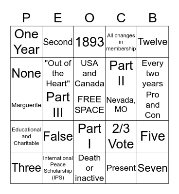 P.E.O. Constitution and Bylaws Bingo Card