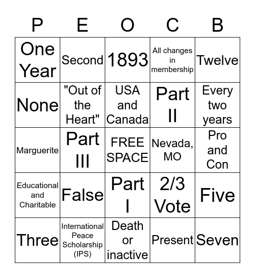 P.E.O. Constitution and Bylaws Bingo Card