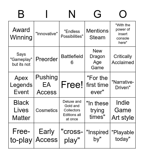 EA Play Livestream Bingo Card