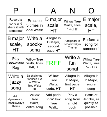 Foster's Summer Piano Bingo Card