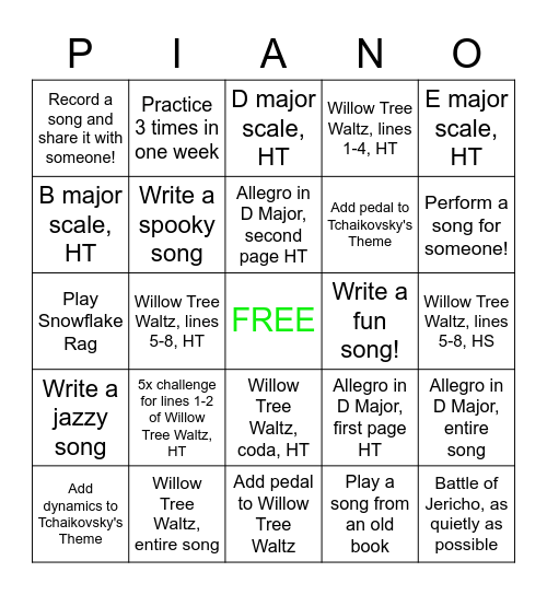 Foster's Summer Piano Bingo Card