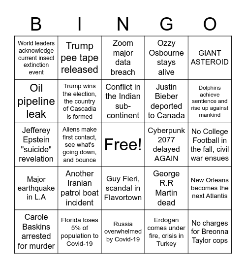 Last 6 Months of the 2020 Hellscape Bingo Card