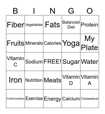 Nutrition Bingo Card