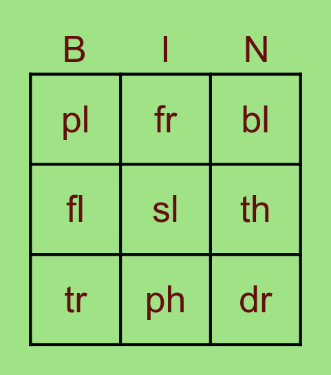 Blend/Digraph Review Bingo Card