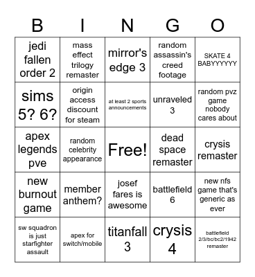 EA Play 2020 Bingo Card