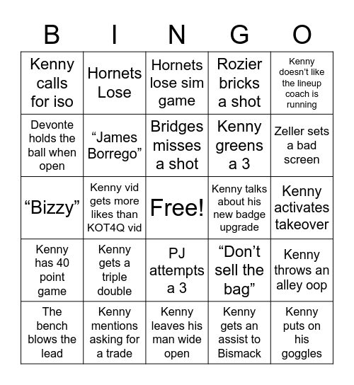Kenny Hardaway Bingo Card