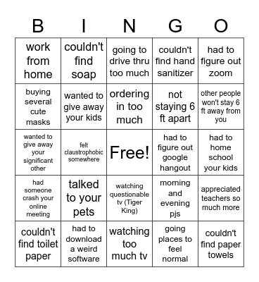 Social Distancing Bingo Card