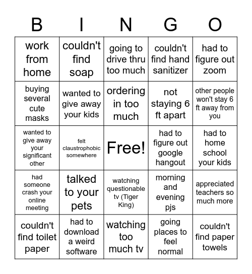 Social Distancing Bingo Card