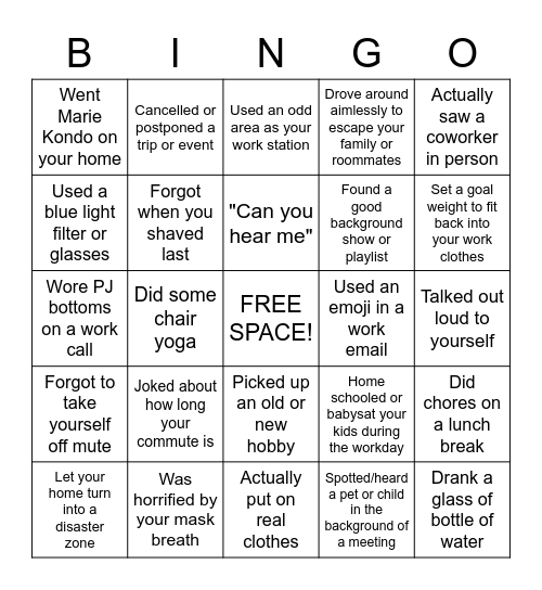 PANDEMIC WORK FROM HOME BINGO! Bingo Card