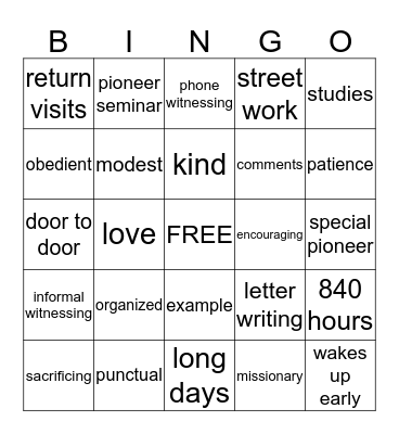 REGULAR PIONEER BINGO Card