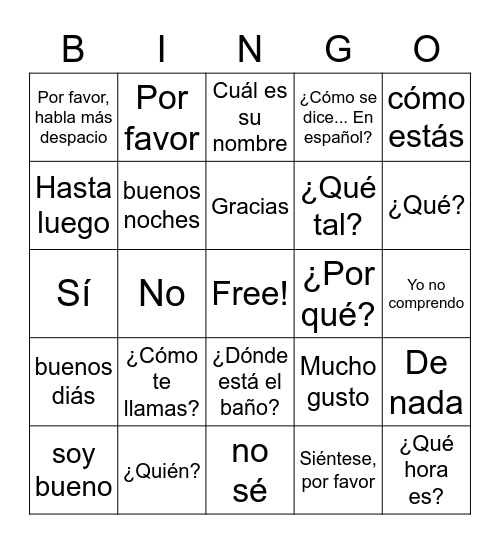Spanish Words and Greetings Bingo Card