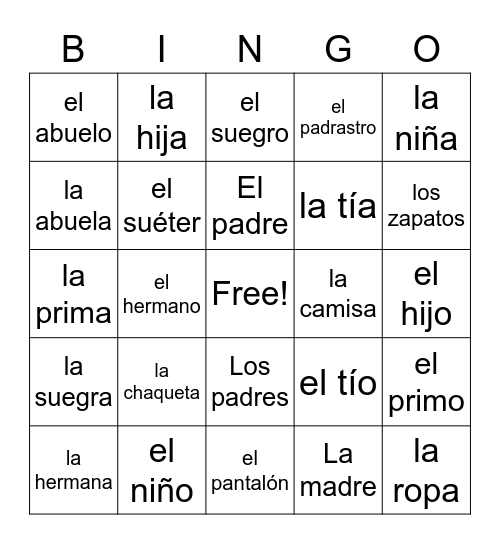 Spanish Family and Clothing Bingo Card