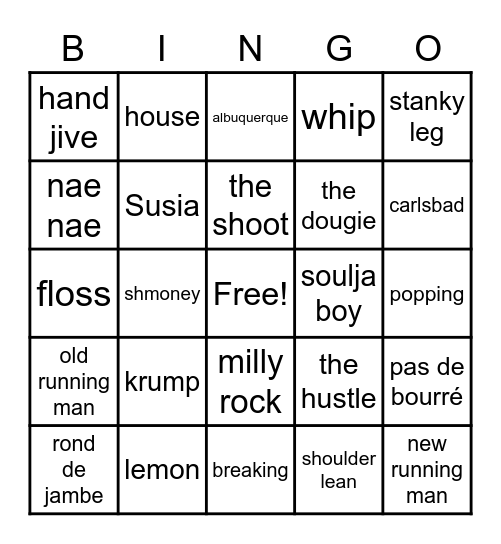 OASIS Dance Camp 2020 Bingo! Bingo Card